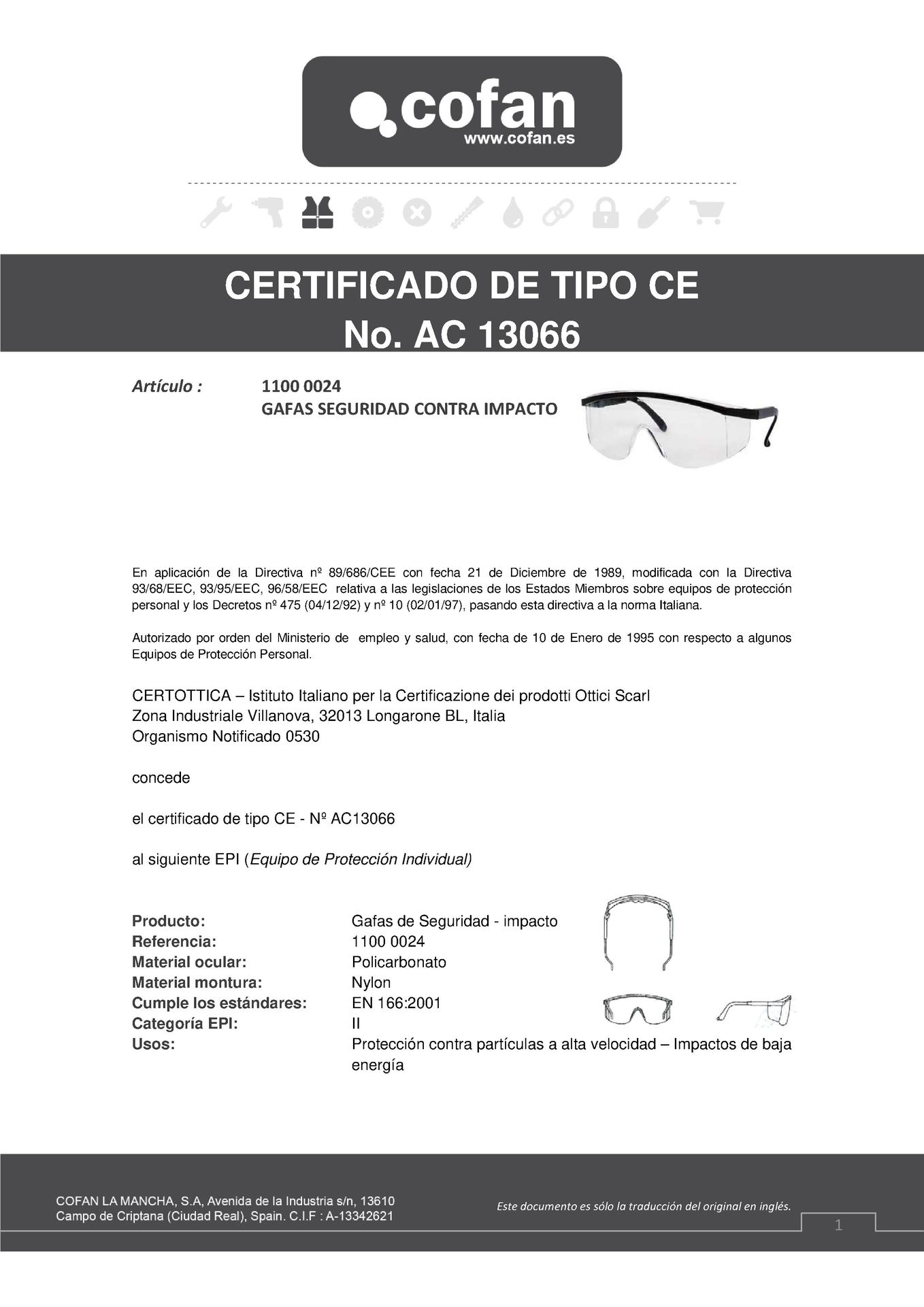 Certificado de Gafas de Seguridad Contra Impactos Ref. 11000024