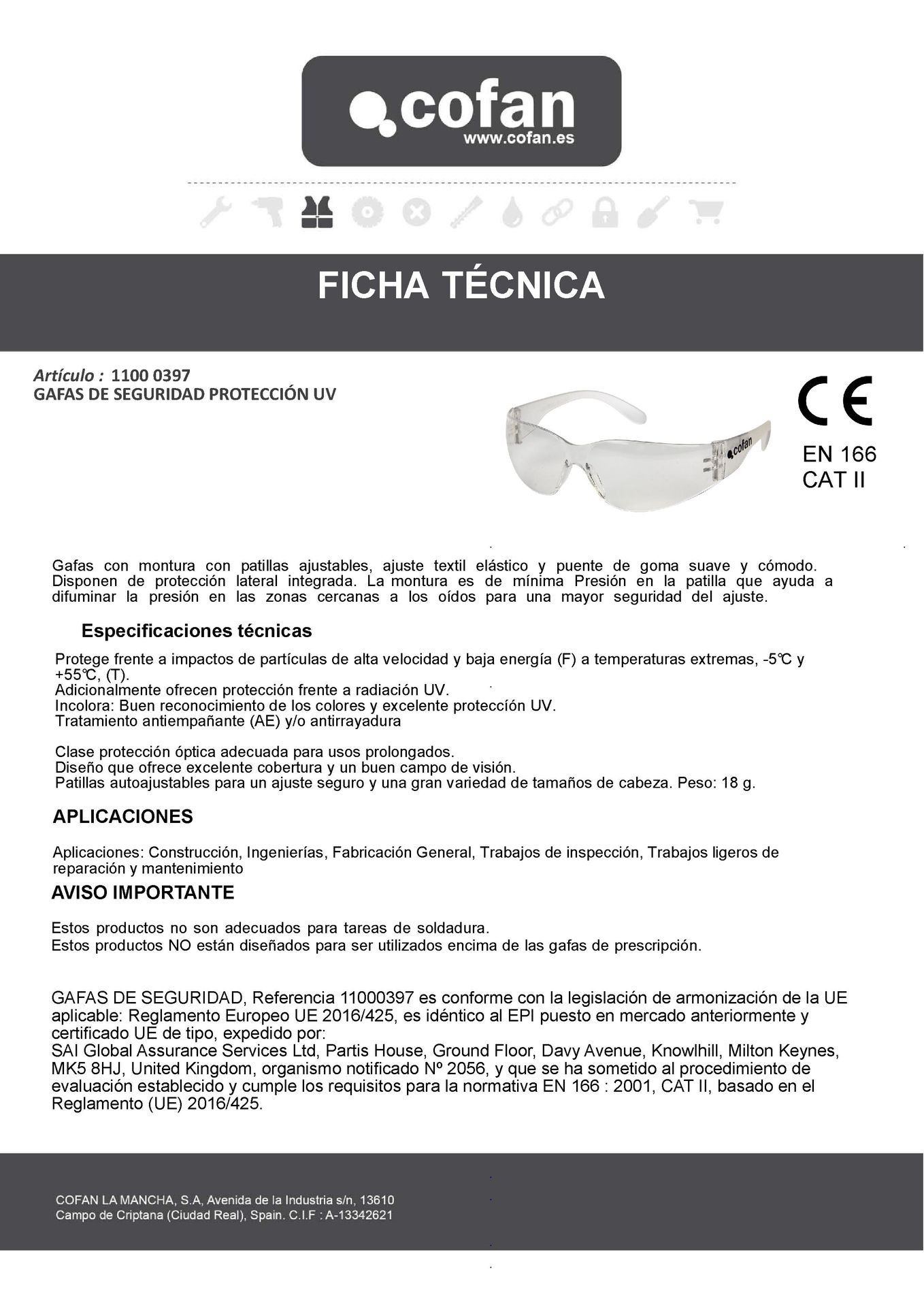 Ficha Técnica de Gafas de Seguridad Proteccion UV Ref. 11000397