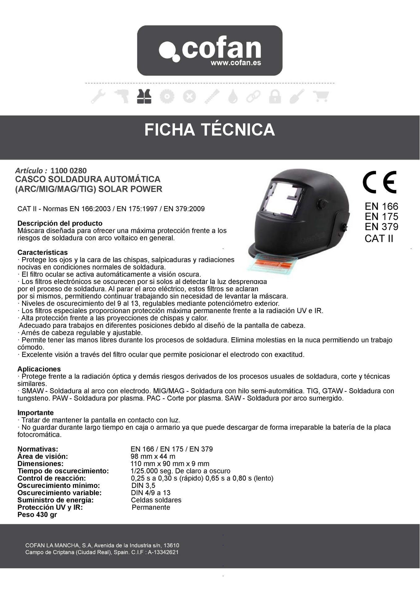Ficha Técnica de Máscara de Soldar Automática Ref. 11000280