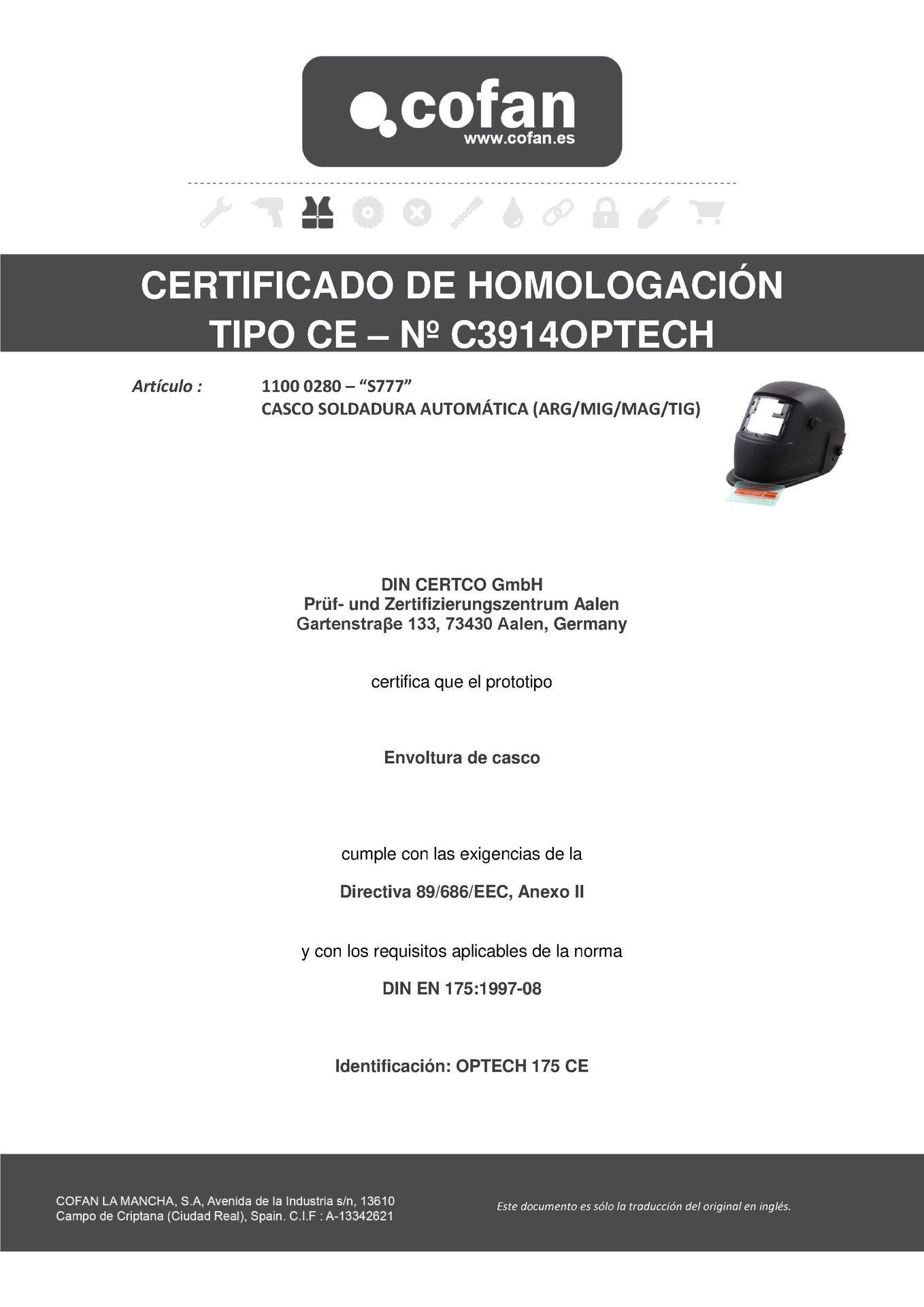 Certificado de Máscara de Soldar Automática Ref. 11000280