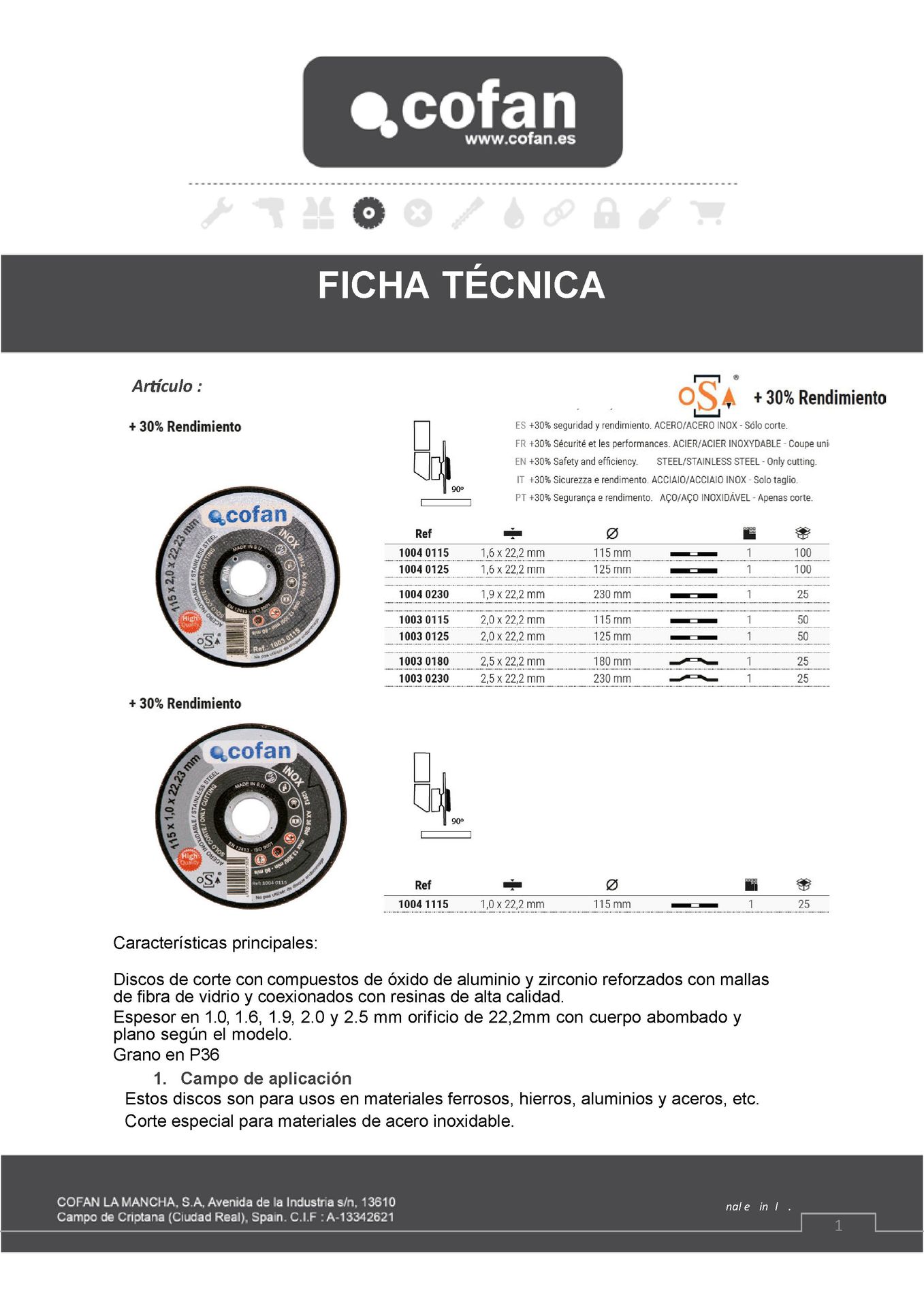 Ficha Técnica de Disco Extrafino Acero Inox 115 mm Ref. 10041115