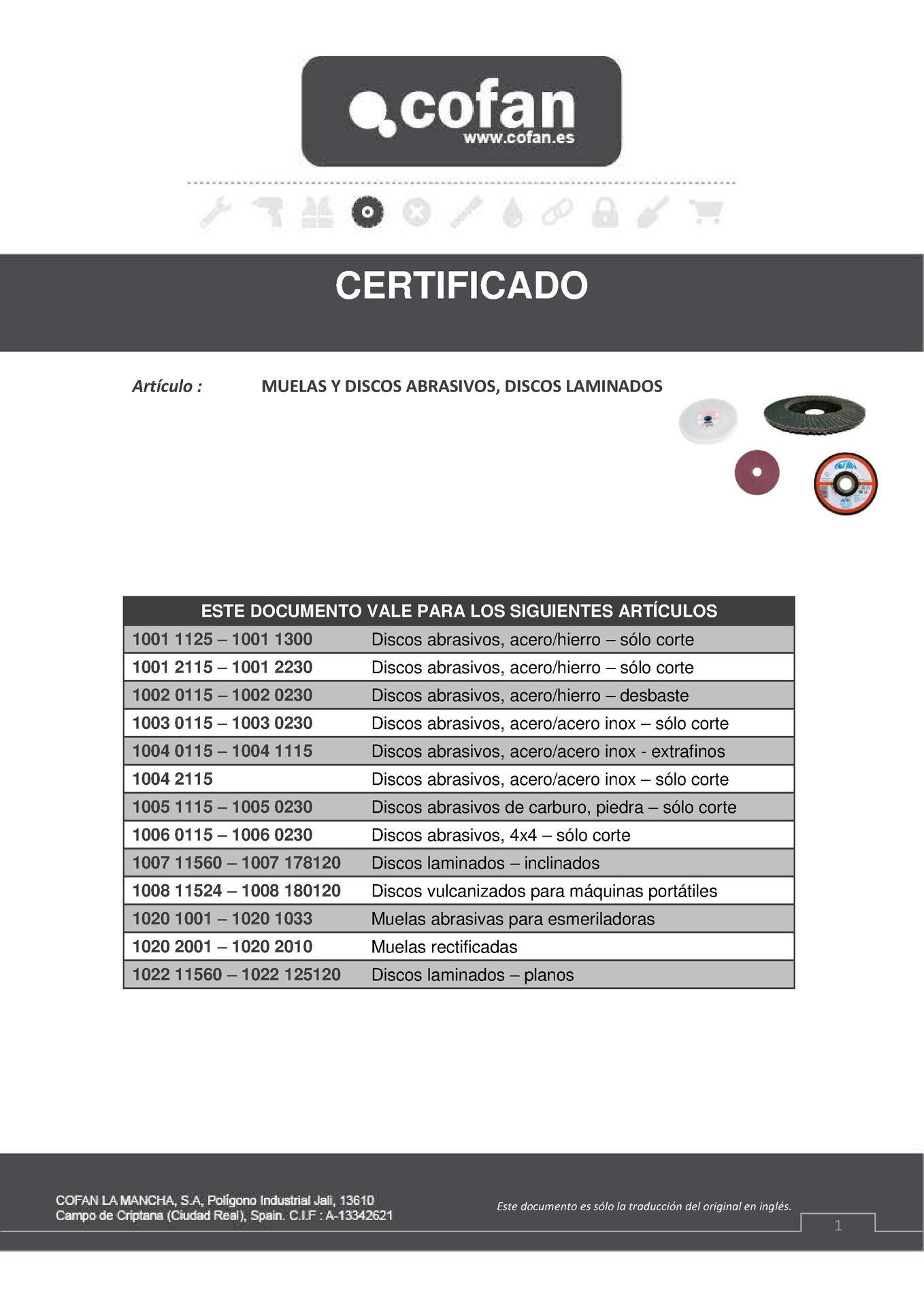 Certificado de Disco Extrafino Acero Inox 115 mm Ref. 10041115
