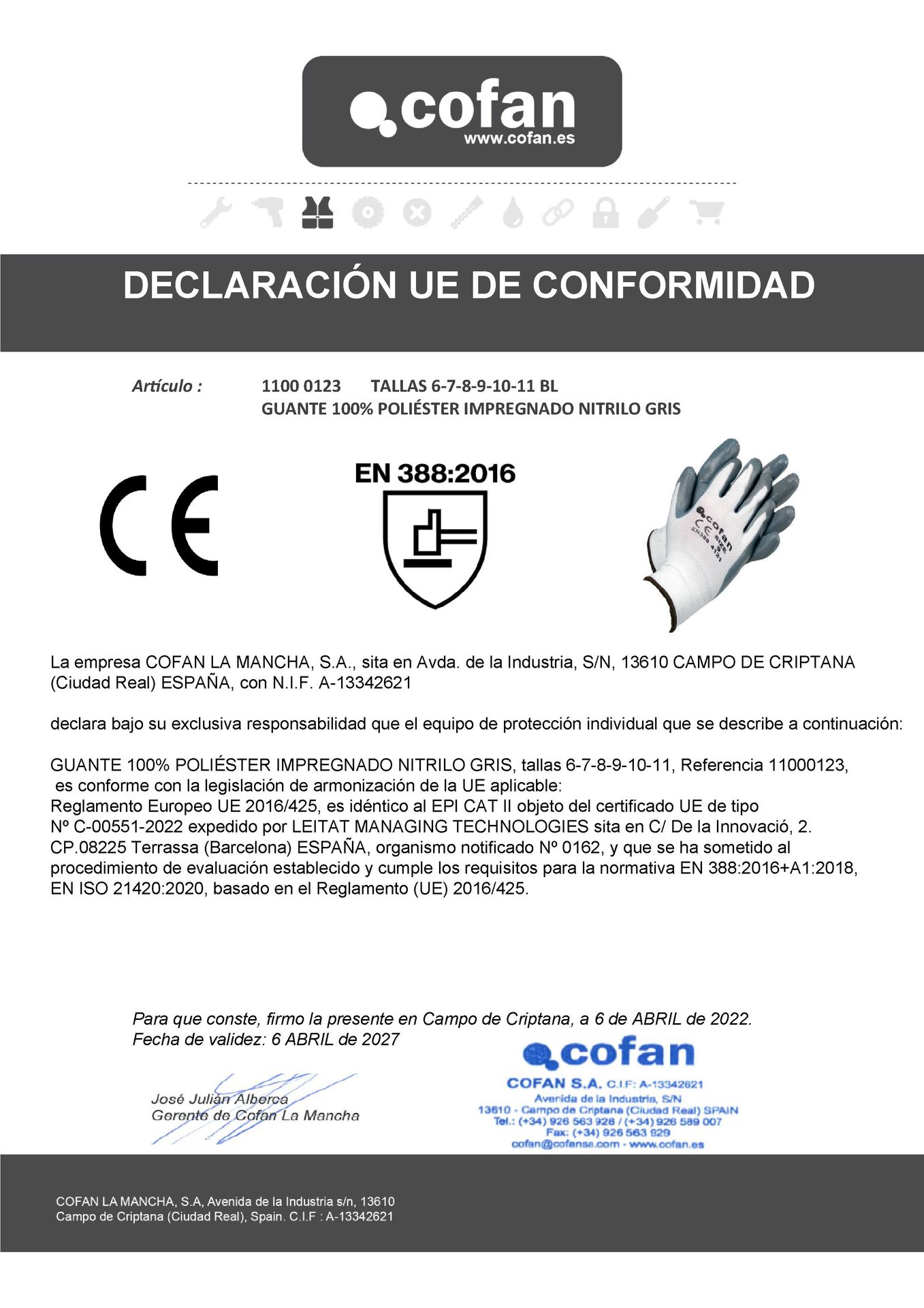 Declaracion de Conformidad de Guantes Nitrilo con Tejido de Poliester Gris/Blanco