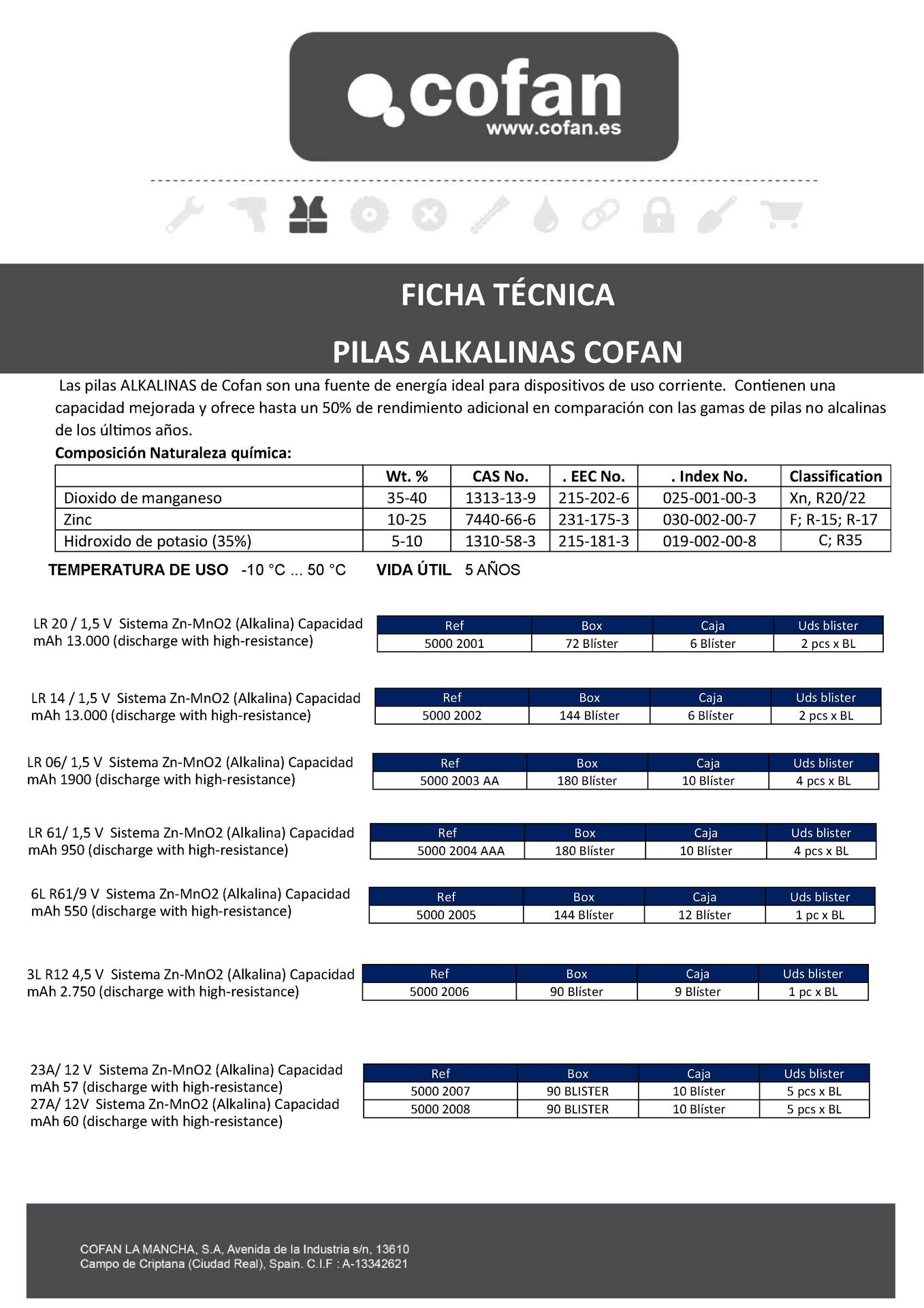 Pila Alcalina 23A Ref. 50002007 Ficha Técnica