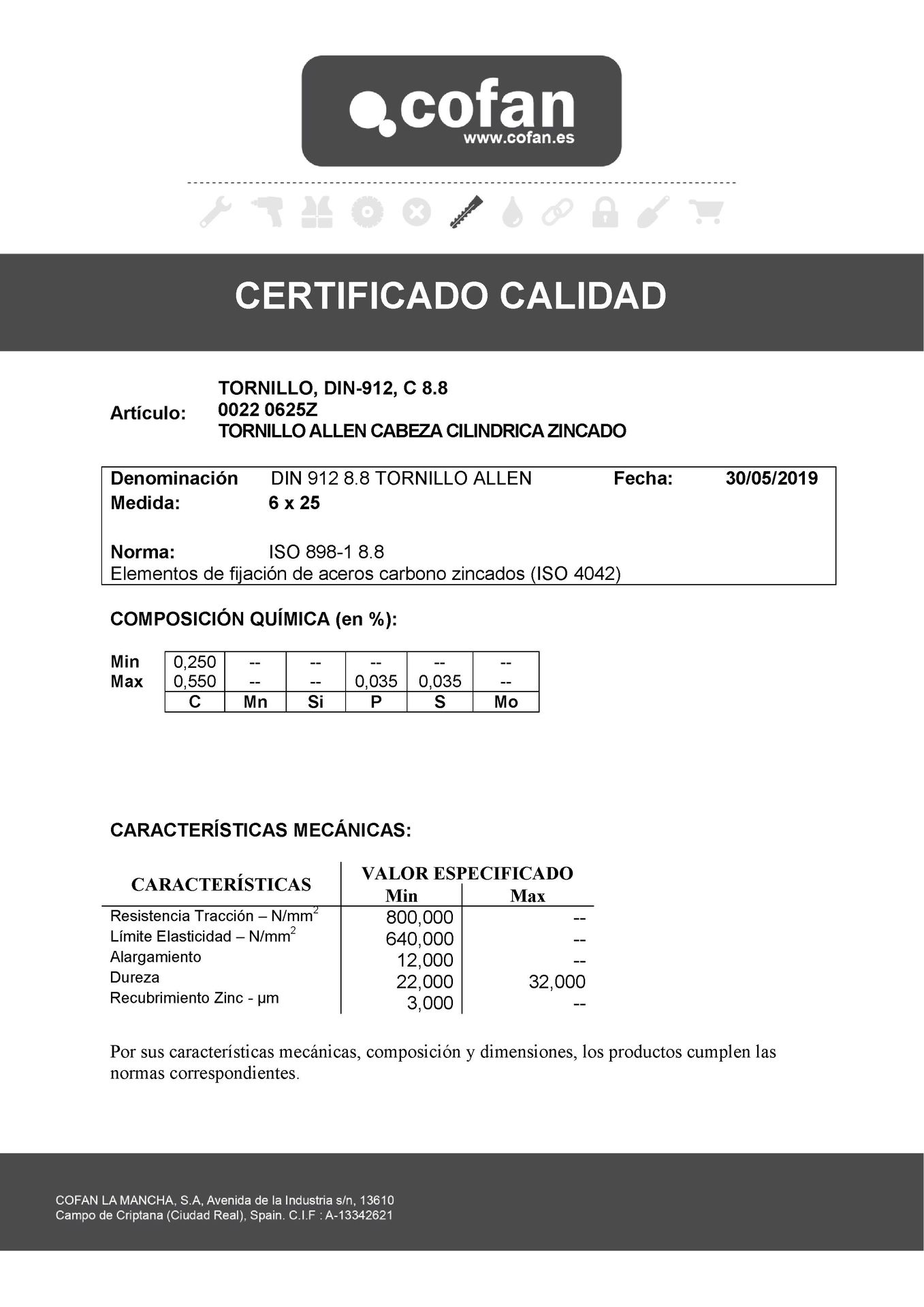 Certificado de Tornillo Allen Cabeza Cilíndrica DIN 912