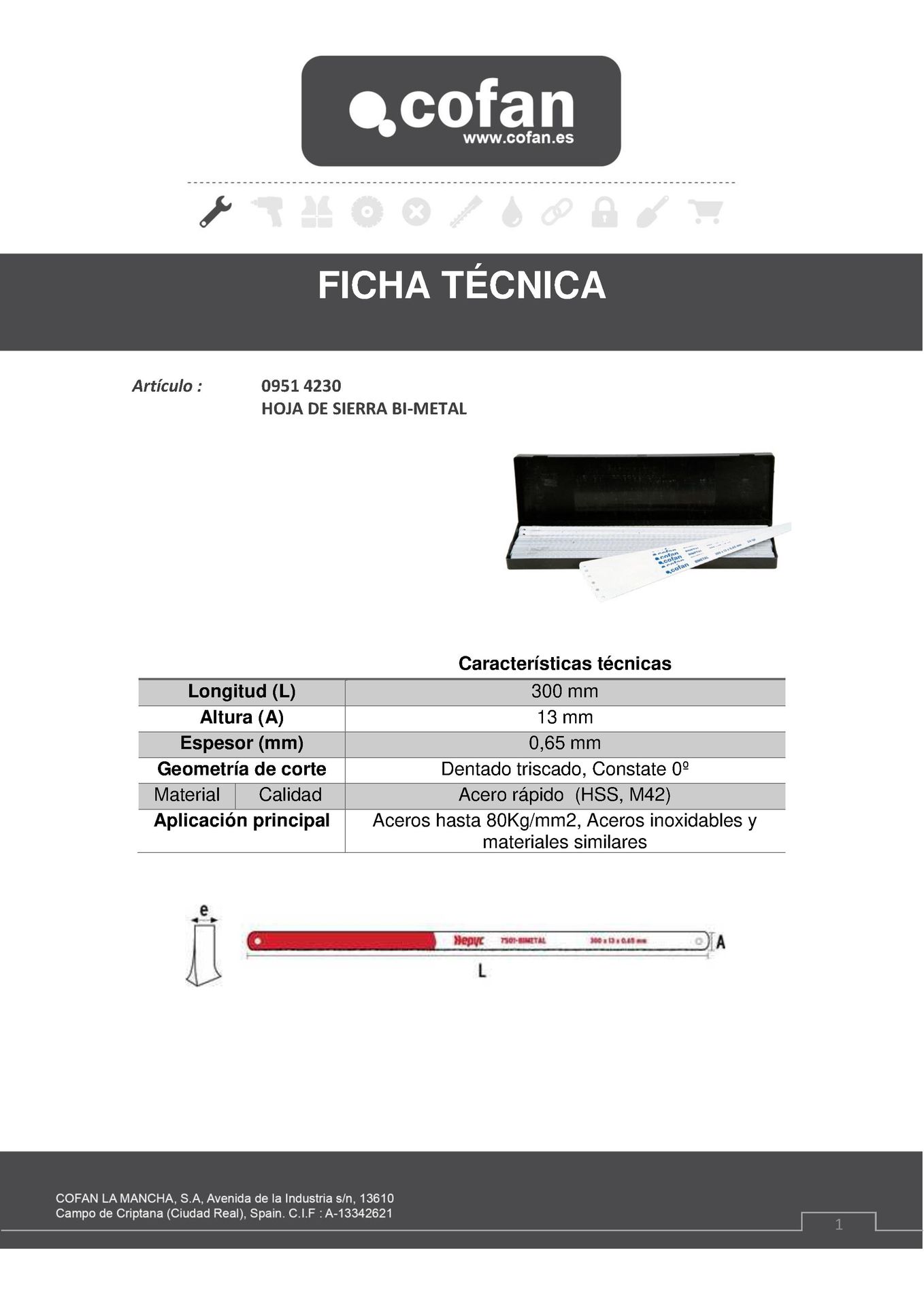 Ficha técnica Hoja de Sierra BiMetal 300x13x0,65