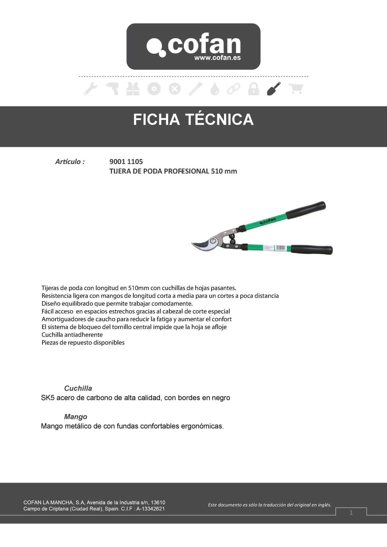 Ficha Tecnica Tijera de Poda Profesional 510 mm