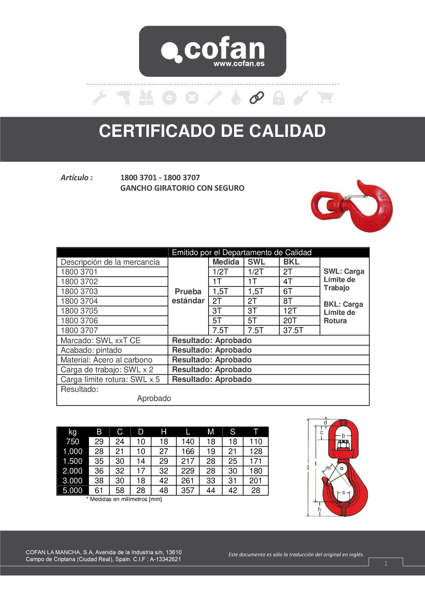 Certificado de Gancho Giratorio Con Seguro Carbono C40 3 Tn