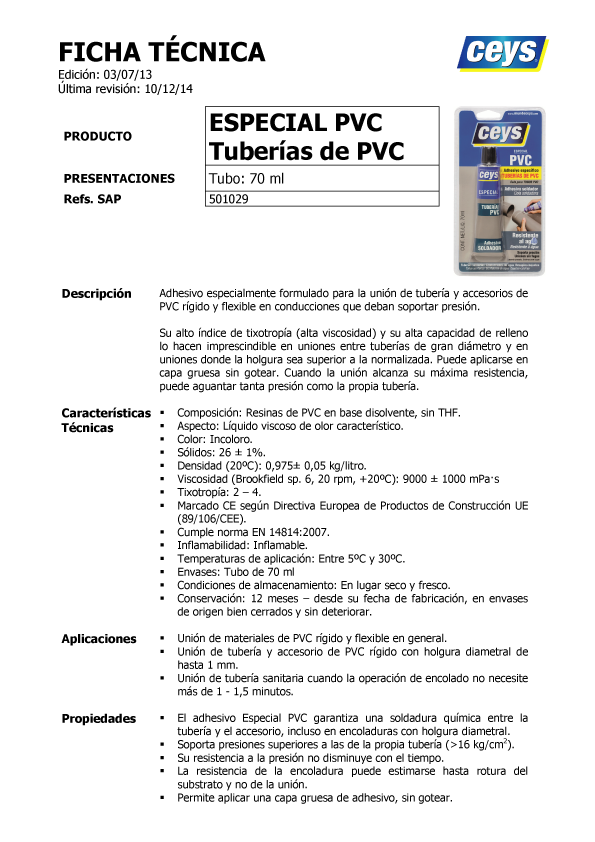 Adhesivo Tuberías PVC 70 ml Ficha Técnica 1