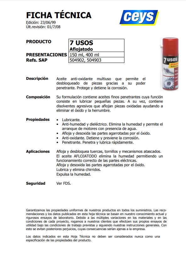 Aflojatodo 7 Usos 150 ml  Ficha Técnica 1