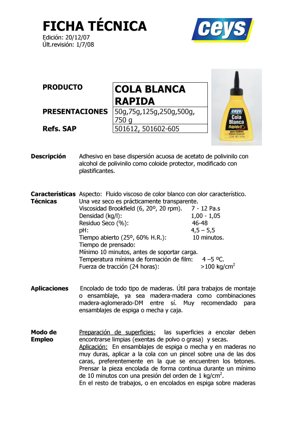 Cola Blanca Rápida Ficha Técnica 1