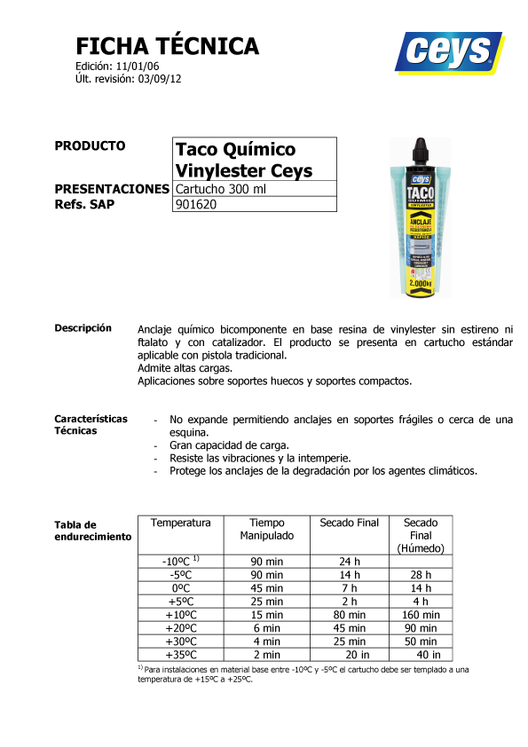 Taco Químico Vinyester 300 ml Ficha Técnica 1