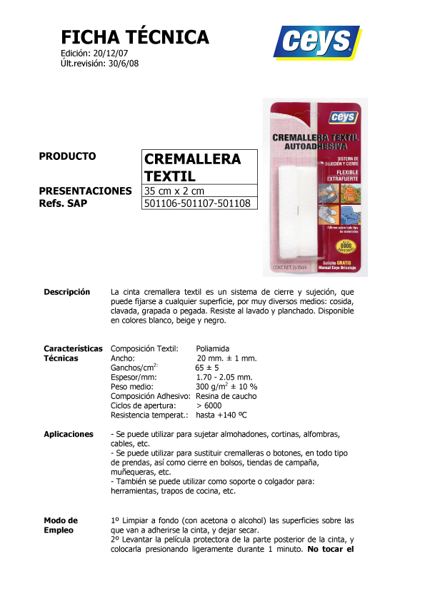 Cremalera Textil Ficha Técnica 1