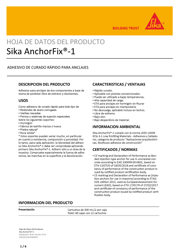 Impermeabilizante líquido para mortero y hormigón Sika 1 Ficha Técnica 1