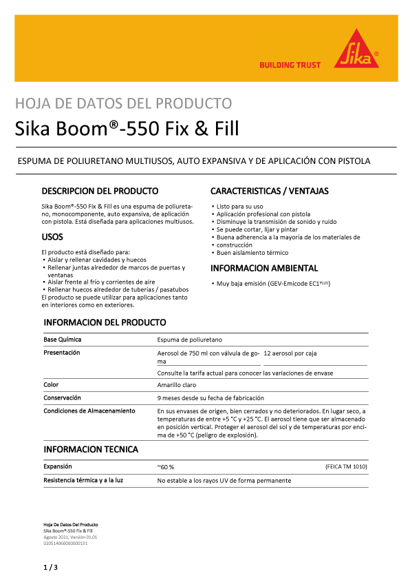 Sika Boom-150 Fix and Fill Ficha Técnica 1