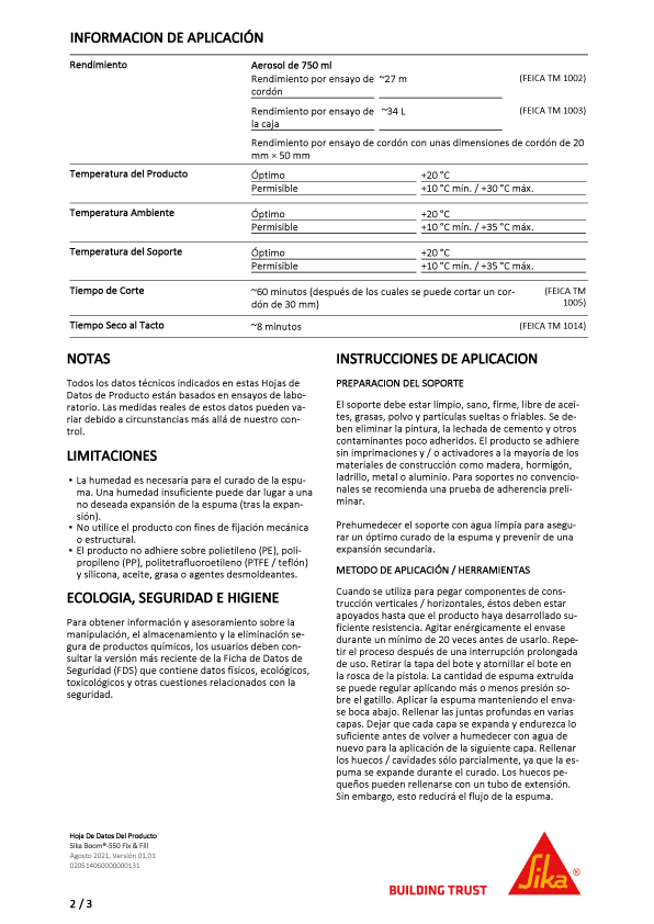 Sika Boom-150 Fix and Fill Ficha Técnica 2