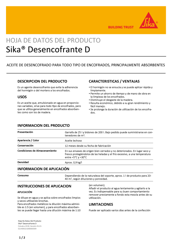Sika Desencofrante D Aceite de Desencofrado Ficha Técnica 1