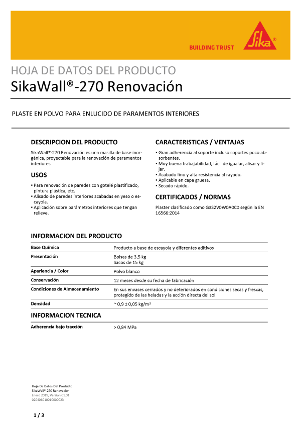 Sikawall 270 Renovación de Paramentos Interiores Ficha Técnica 1