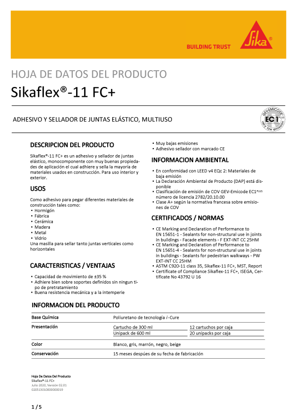 Sikaflex 11 FC Cartucho 300 cm3 Adhesivo Ficha Técnica 1