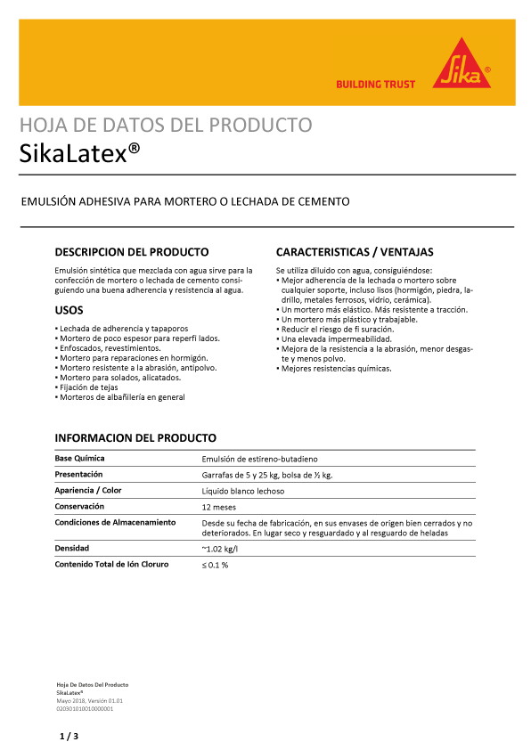 Sika Latex Emulsión Adhesiva Ficha Técnica 1