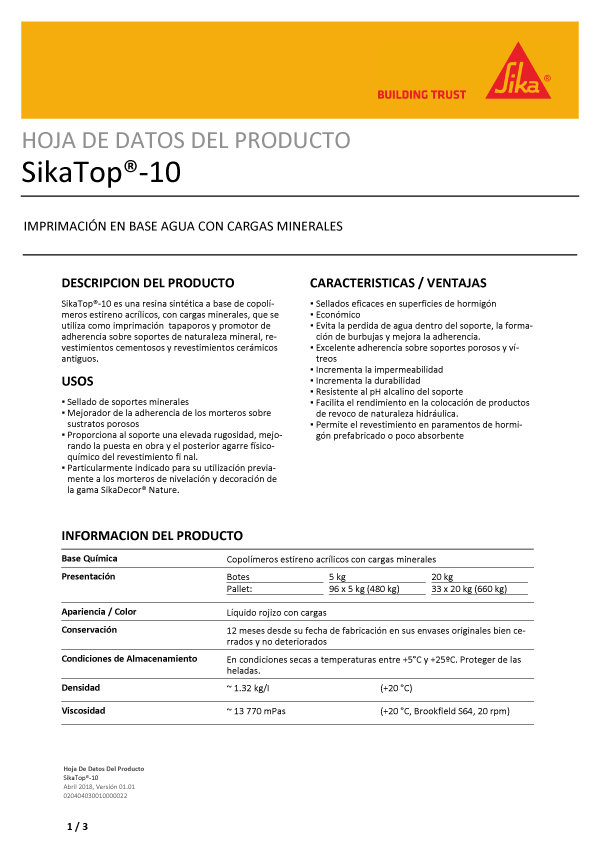 Sika Top 10 Imprimación en Base Agua Ficha Técnica 1