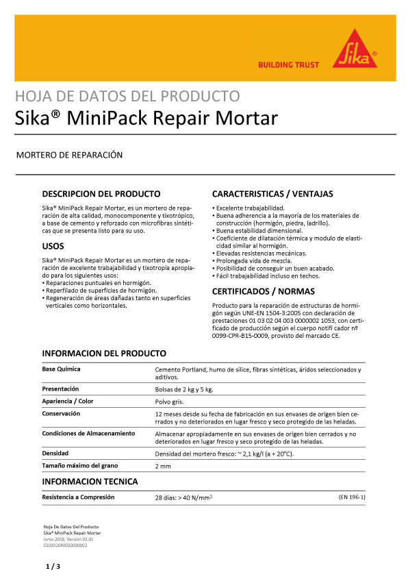 Sika Minipack Mortero Reparación Ficha Técnica 1