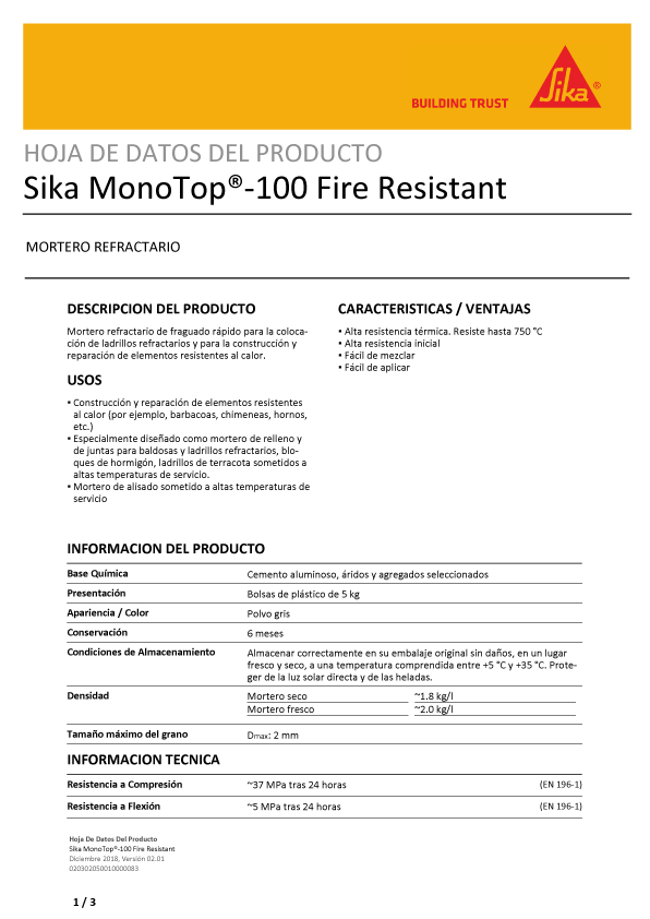 Sika Monotop-100 Fire Resistant Ficha Técnica 1