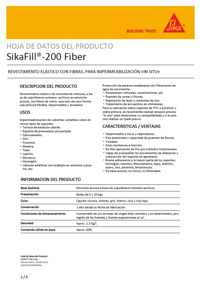 Sikafill-200 Revestimiento Elástico con Fibras Ficha Técnica 1
