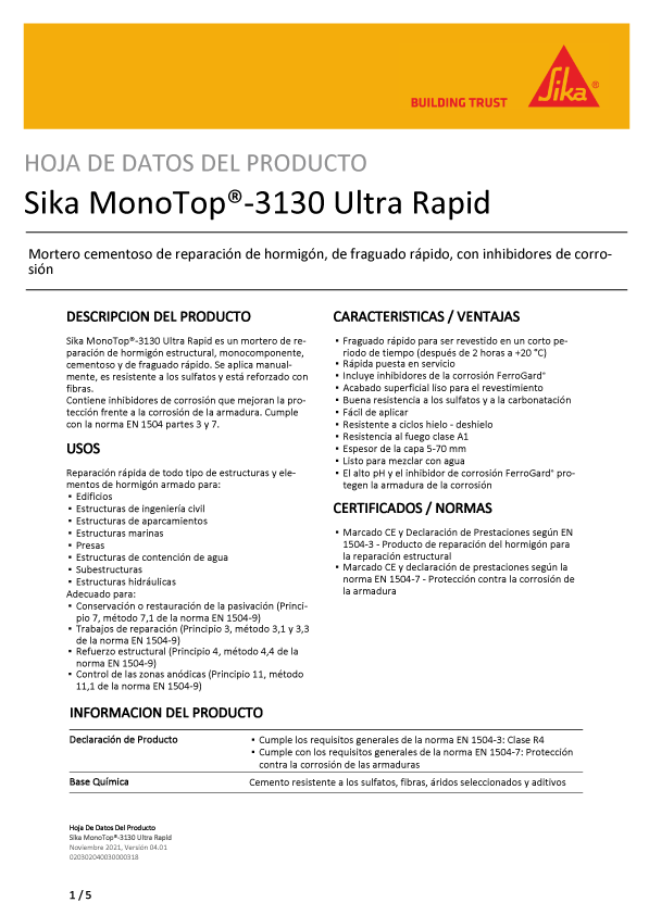 Sika Monotop-3130 Ultra Rapid Mortero Cementoso de Reparación de Hormigón Ficha Técnica 1