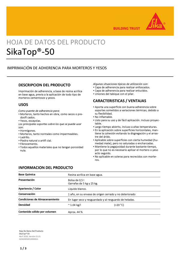 SikaTop 50 Resina de Unión Ficha Técnica 1