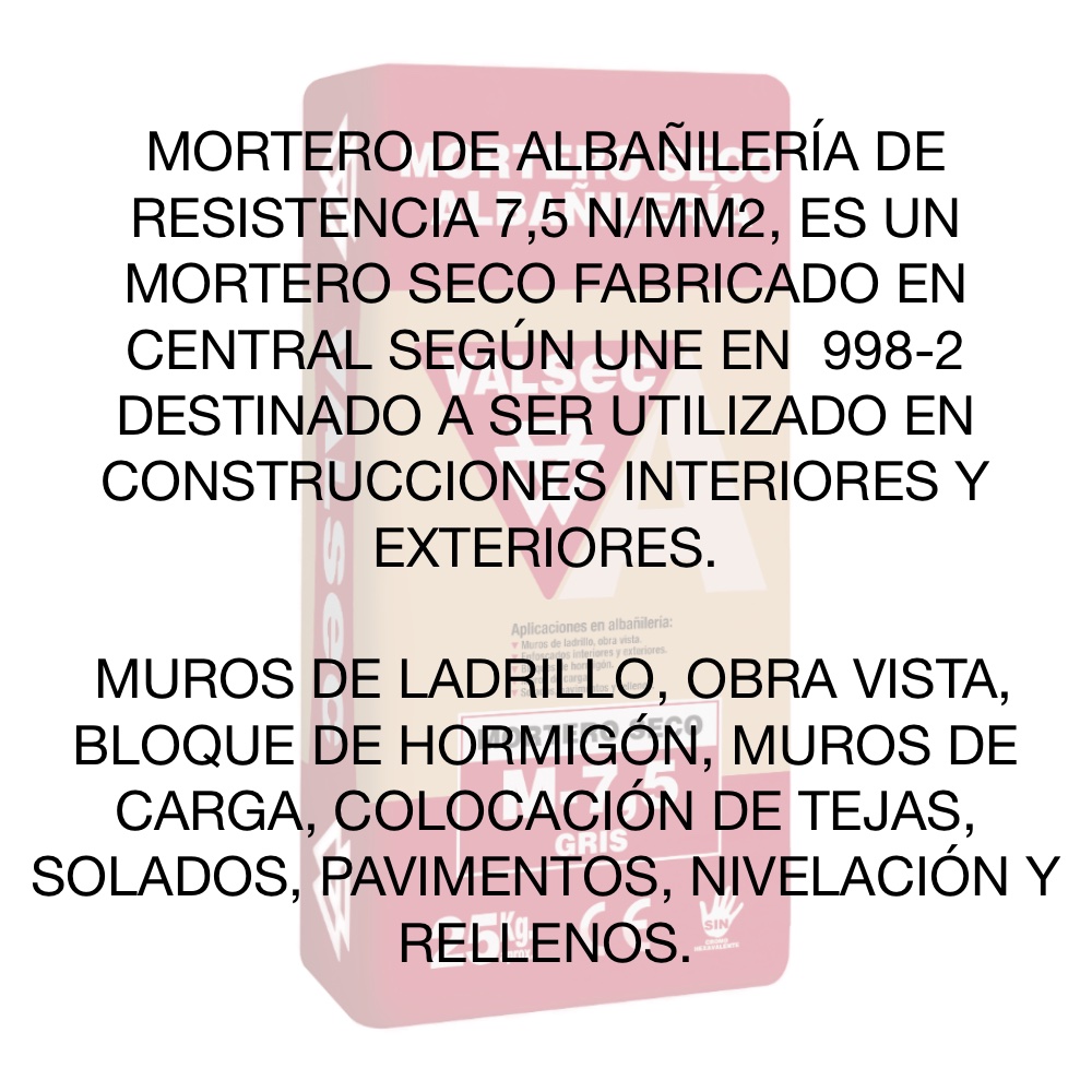 Saco Mortero Valsec M-7,5 Gris 25 Kg