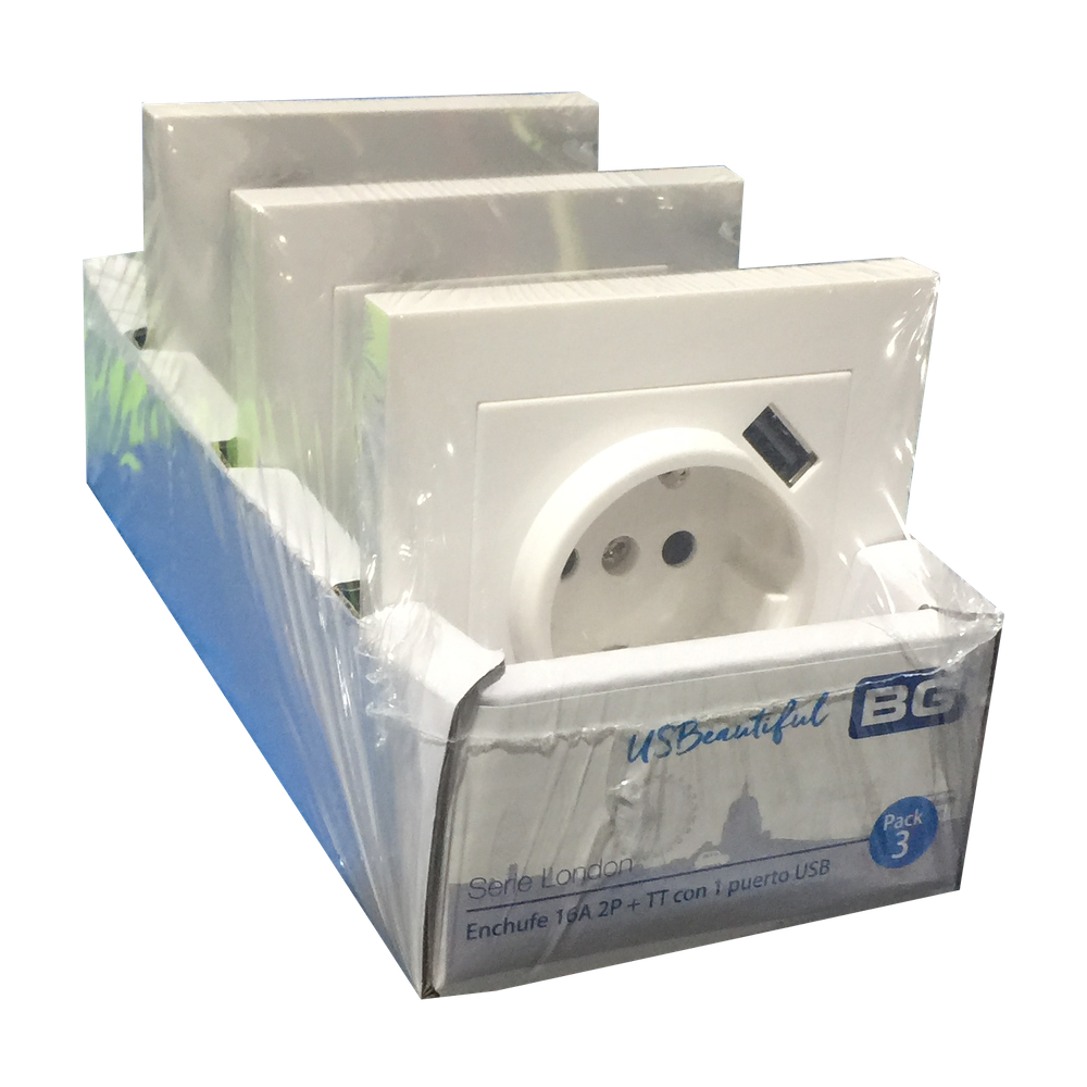Pack 3 Tomas Enchufe 16a 2p + TT con 1 puerto USB Ref.EUSQWH23U1/E/3-BG