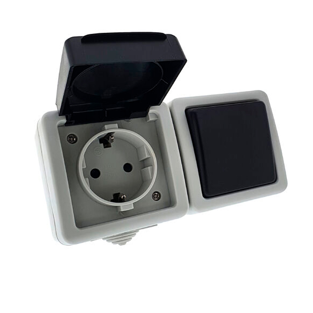 Base Enchufe Schucko + Conmutador Doble IP54 Ref: 5407