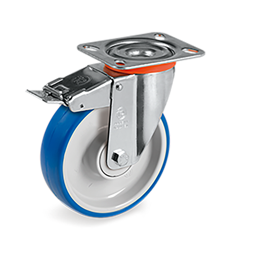 [RUE-P03] Rueda Giratoria de Poliuretano Azul con Cojinete y Freno Serie 61