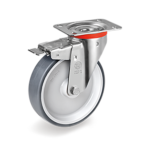 [RUE-P111] Rueda Giratoria de Goma Gris Anti-Huella con Cojinete y Freno Serie 71